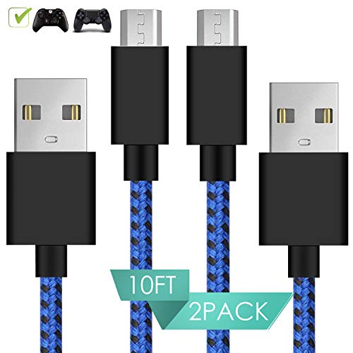 2 Pack 10FT/3M PS4 Controller Charging Cable, Micro USB Charger Sync Cord for Sony PS4 PS4 Pro/Slim Controller, Microsoft Xbox One S/X Controller, Galaxy S7, S7 Edge, S6 and More,Blue