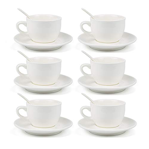 Kingrol 8 Ounce Porcelain Cappuccino Cups with Saucers and Spoons, Set of 6 Espresso Mugs for Latte, Mocha, Cappuccino and Tea