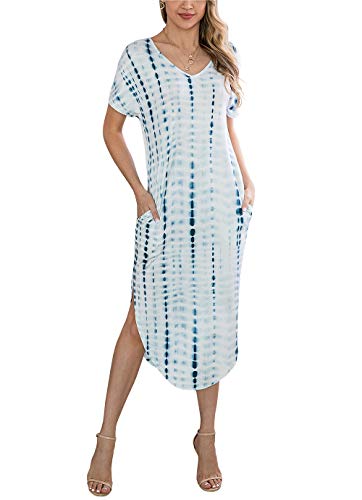 KIRUNDO Women Summer Casual Short Sleeves V Neck Two Pockets Tie Dye Split Loose Maxi Dress (Large, Blue)