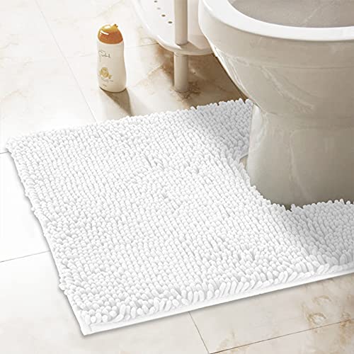 Book Cover ITSOFT Non-Slip Shaggy Chenille Toilet Contour Bathroom Rug with Water Absorbent, 24 x 21 Inches U-Shaped White