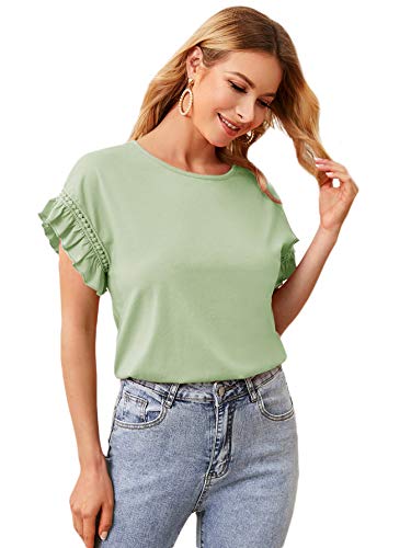 Romwe Women's Short Sleeve Ruffle Trim Contrast Lace Summer Blouse Top