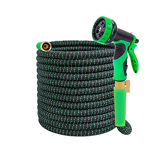 Hosetop Upgraded Expandable 100ft Garden Hose, Retractable Water Hose, Flexible Garden Hose, Extra Strength Fabric & 4 Layer Latex, 3/4" Solid Brass Connectors with 9 Pattern Durable Spray Nozzle