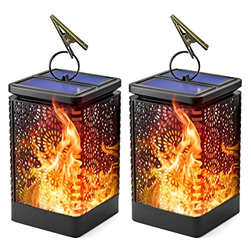 Solar Lantern Lights, Waterproof Outdoor Hanging Solar Lights with Dancing Flame and Dusk to Dawn Auto Turn On/Off Function, Solar Flame Landscape Lights for Garden Patio and Yard (2 Pack)