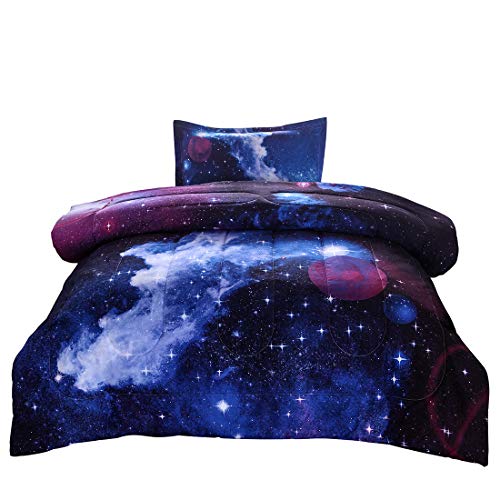 Book Cover JQinHome Twin Galaxy Comforter Sets Blanket, 3D Outer Space Themed Bedding, All-Season Reversible Quilted Duvet, for Children Boy Girl Teen Kids - Includes 1 Comforter, 1 Pillow Sham (Dark Blue)