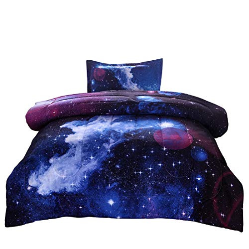 JQinHome Twin Galaxy Comforter Sets Blanket, 3D Outer Space Themed Bedding, All-Season Reversible Quilted Duvet, for Children Boy Girl Teen Kids - Includes 1 Comforter, 1 Pillow Sham (Dark Blue)