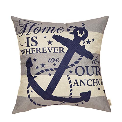 Book Cover Fjfz Nautical Farmhouse Decorative Throw Pillow Cover Home is Wherever We Drop Our Anchor Quote Sign Summer Cruise Lover Decoration Home Decor Cotton Linen Cushion Case for Sofa Couch, 18