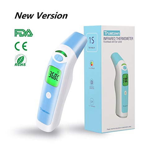 Trustown Digital Forehead and Ear Thermometer, 1 Second Measure, Memory Function, High Temperature Alarm, 4 in 1 Multifunction for Children, Adults and Objects, Approved FDA