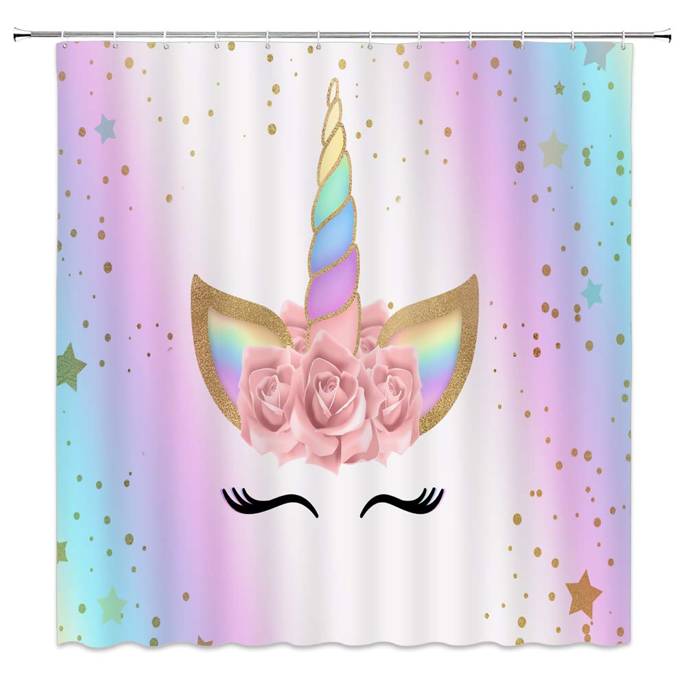 Book Cover AMFD Unicorn Shower Curtain Rainbow Magic Head Rose Flower Romantic Cute Girl Pink Cartoon Bathroom Curtains Decor Polyester Fabric Set Include Hooks,(70