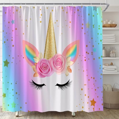 AMFD Unicorn Shower Curtain Rainbow Magic Head Rose Flower Romantic Cute Girl Baby Kid Pink Cartoon Bathroom Curtains Decor Polyester Fabric Waterproof 70 x 70 Inches Include Hooks
