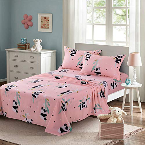 Book Cover KFZ Twin Bed Panda Sheets Set, Panda Pink Bed Sheets for Girls, 4 Piece with 1 Flat Sheet 1 Twin Fitted Sheet 2 Pillow Covers, Microfiber Sheet Set for Kids