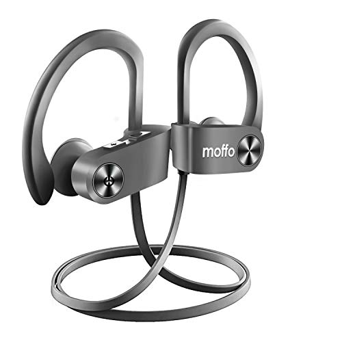 Moffo Wireless Headphones, Wireless Sport HD Stereo IPX5 Sweatproof in Ear Earbuds Waterproof Headset with Built-in Mic for Gym Running Workout Home Exercise 8 Hours Battery (Grey-Blue)