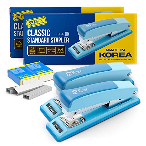 Book Cover Peace Stapler with 2000 Staples, 2 Pack, Desk Metal Stapler, 25 Sheet Capacity, Standard Commercial Stapler, 100% Made in Korea, Blue Stapler