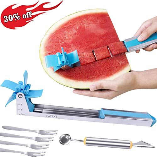 Book Cover Watermelon Slicer Fruit Knife-PATENTED-RUCACIO Melon and Cantaloupe Fruit Slicer Carving and Cutting Tools for Home Easy Grip Kitchen Gadgets Set with 2 in 1 Melon Baller & Fruit Carve 4 Forks (BLUE)