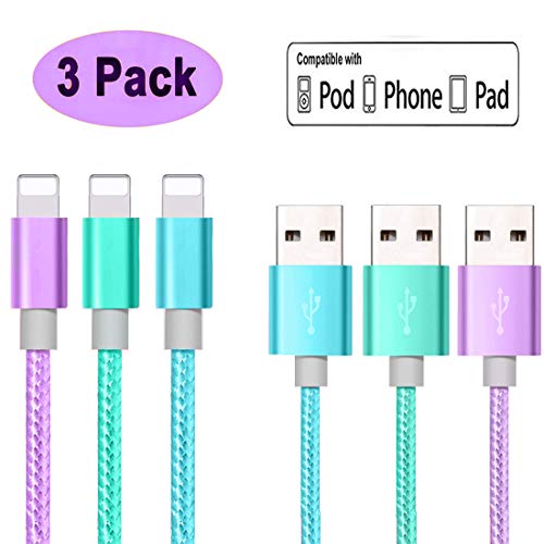 YoRoucI Phone Charger Cable 3 Pack 6FT Nylon Braided Fast Charging Cable USB Power Charger Cord Compatible with Phone XS XR X 8 8plus 7 7plus SE 6S 6 5 5C 5S Pad Mini Air Pro Purple Green Blue