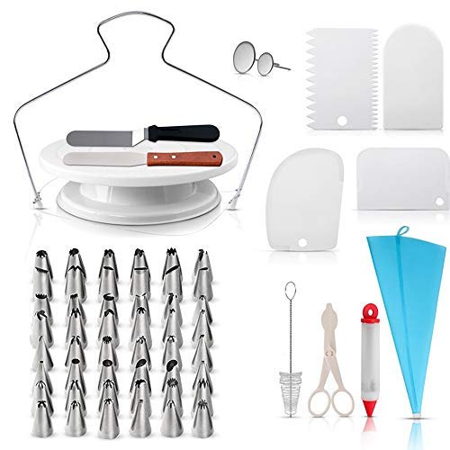 Book Cover 73 pcs Cake Decorating Supplies, Tasera cake decorating kit With Rotating Turntable Stand, Icing Piping Tips & Pastry Bags, Icing Spatula & Smoother
