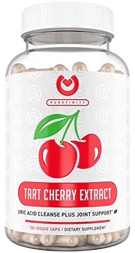 PUREFINITY Tart Cherry Capsules - Max Strength 3000mg | 6 Month Supply - Advanced Uric Acid Cleanse, Powerful Antioixidant w/Joint Support - 180 Vegetable Capules.