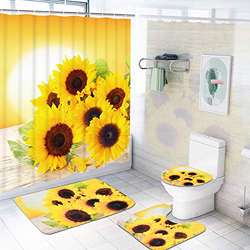 Sunflowers Shower Curtain Sets with Non-Slip Rugs, Toilet Lid Cover and Bath Mat, Flower in The Sunset Shower Curtains with 12 Hooks, Durable Waterproof Bath Curtain