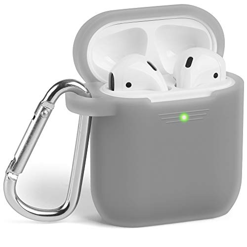 Book Cover GMYLE AirPod Case, Silicone Protective Cover Skins with Keychain for Airpods Earbuds Wireless Charging Case, Accessories Set Compatible with Apple AirPods 2 & 1, Ash Grey [Front LED Visible]
