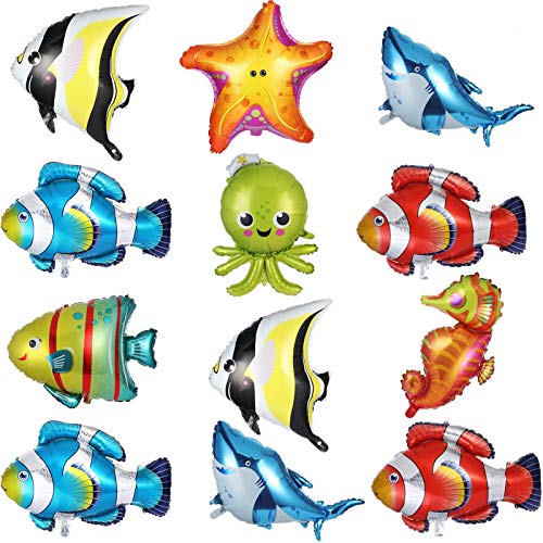 12 Pieces Foil Balloons Fish Balloons Large Sea Animal Balloons Aluminum Sea Creatures Tropical Fish Mylar Balloons Self-Sealing Party Decoration Supplies