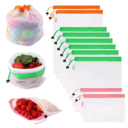 SASUM LIFE Reusable Produce Bags,10 Pcs Lightweight Washable and See Through Mesh Shopping Bags with Drawstring, Tare Weight Color Tag (2 Large 6 Medium & 2 Small)