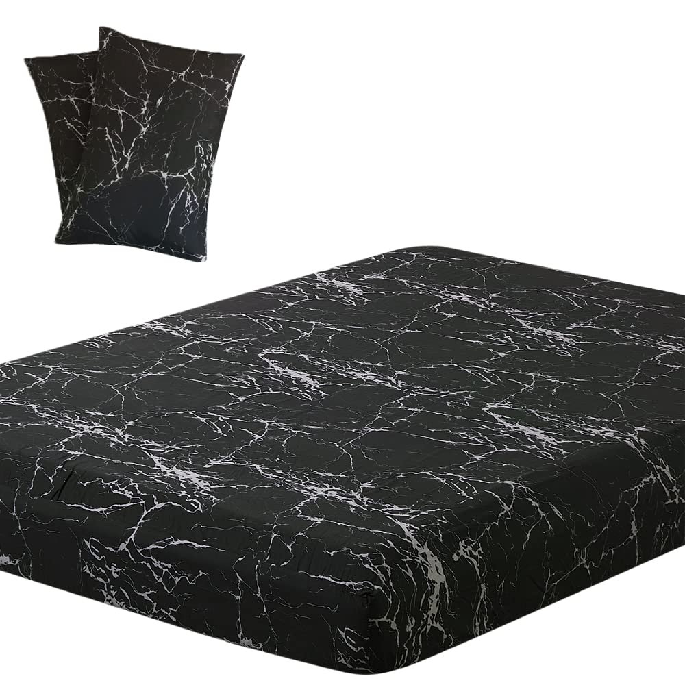 Book Cover Vaulia Lightweight Cooling Microfiber Bed Sheet, Print Unique Marble Pattern Black Color, 3-Piece Set King Size (1 Fitted Sheet 2 Pillowcases) King Black Marble
