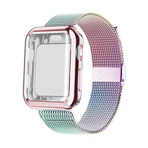 Book Cover YC YANCH Compatible with Apple Watch Band 44mm with Case, Stainless Steel Mesh Loop Band with Apple Watch Screen Protector Compatible with iWatch Apple Watch Series 1/2/3/4/5 (44mm Colorful)
