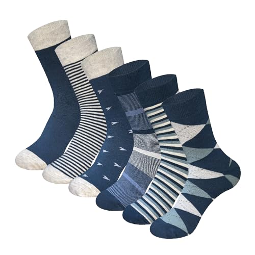 MAGIARTE Mens Dress Socks Patterned Cotton Casual Crew Socks for men 6-Pack (Navy Patterned,L)