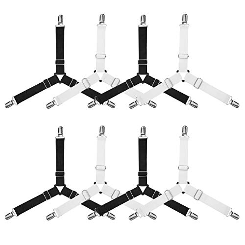Book Cover Vasdoo Bed Sheet Straps, 8 Pack Adjustable Triangle Elastic Sheet Band Fasteners Suspenders Corner Gripper Holder Clip for Fitted Bed Sheets, Mattress Pad Covers, Sofa Cushion