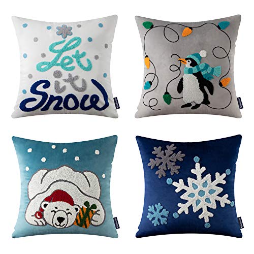 Book Cover Phantoscope Set of 4 Merry Christmas Decorative Blue and White Throw Pillow Case Cushion Cover 18 x 18 inch 45 x 45 cm