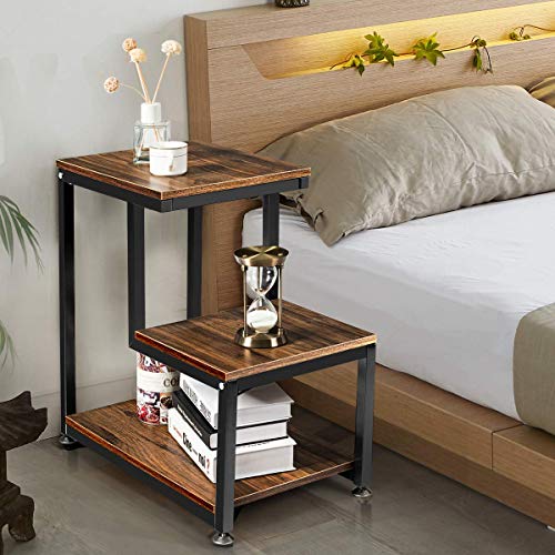 Book Cover Tangkula Sofa End Table, 3-Tier Nightstand with Storage Shelf, Sturdy Metal Frame, Ladder-Shaped Chair Side Table, Rustic Tabletop Industrial Storage Shelf for Living Room or Bedroom (Brown)