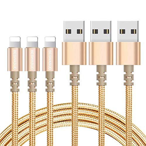 Book Cover iPhone Charger,BESWASUD 3pack 6ft Extra Long Nylon Braided Lightning Cable Syncing and Fast Charging Cord Compatible with iPhone XS MAX/XR/XS/X/8/7/Plus/6S/6/SE/5S/5C/iPad(Silver)