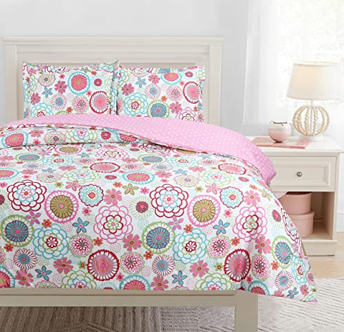 Cozy Line Pink Bloom Floral Polka Dot Reversible Bedding Set for Girls, Ultra Soft All-Season Comforter Set with Decorative Pillow (Mariah, Queen - 4 Piece)