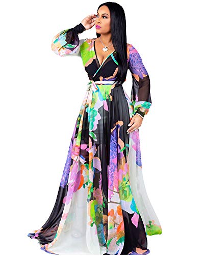 Halfword Women's Summer Long Maxi Dresses - Floral Printed V Neck Long Sleeve Wrap Boho Dreses