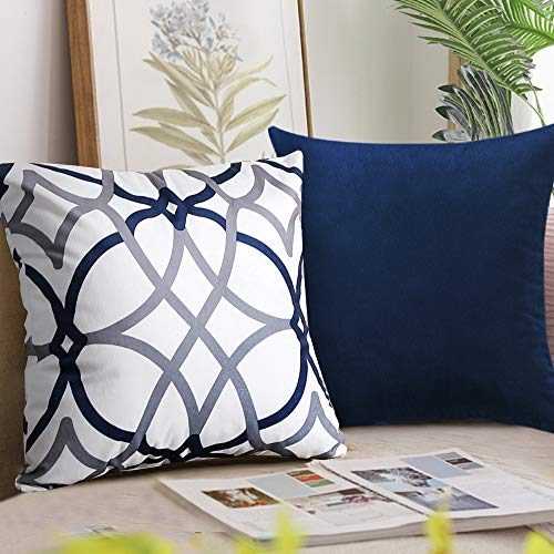 H.VERSAILTEX Velvet Plush Easy Care Decorative Throw Pillow Covers Soft Elegant Square Cushion Case for Sofa Bedroom 18 x 18 Inch, 2 Pack (Grey and Navy Geo Pattern Matched with Solid Navy)