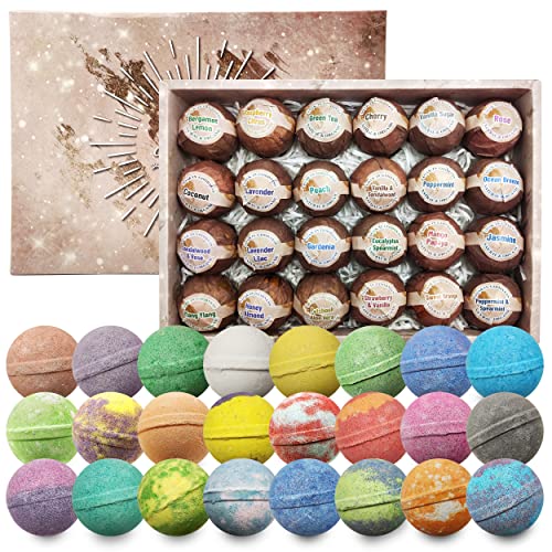 Purelis Bath Bombs 24 Pack. Natural Moisturizing Refreshing Ingredients Essential Oil Bath Bombs Gift Gift Set. Bath Bomb Bundles with Unique Fragrances & Colors. Gift Set for Men & Women.