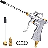 Professional Air Blow Gun with Copper Adjustable Air Flow Nozzle and 2 Steel Air flow Extension, Pneumatic Air Compressor Accessory Tool Dust Cleaning Air Blower Nozzle Gun Silvery