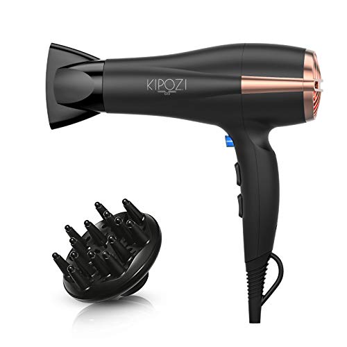 KIPOZI Pro 1875 W Negative Ions Hair Dryer Ceramic Fast Dry Lightweight Hair Blow Dryer with 2 Speed and 3 Heat Settings,Diffuser Concentrator &Cool shot button,Low Noise(Black)