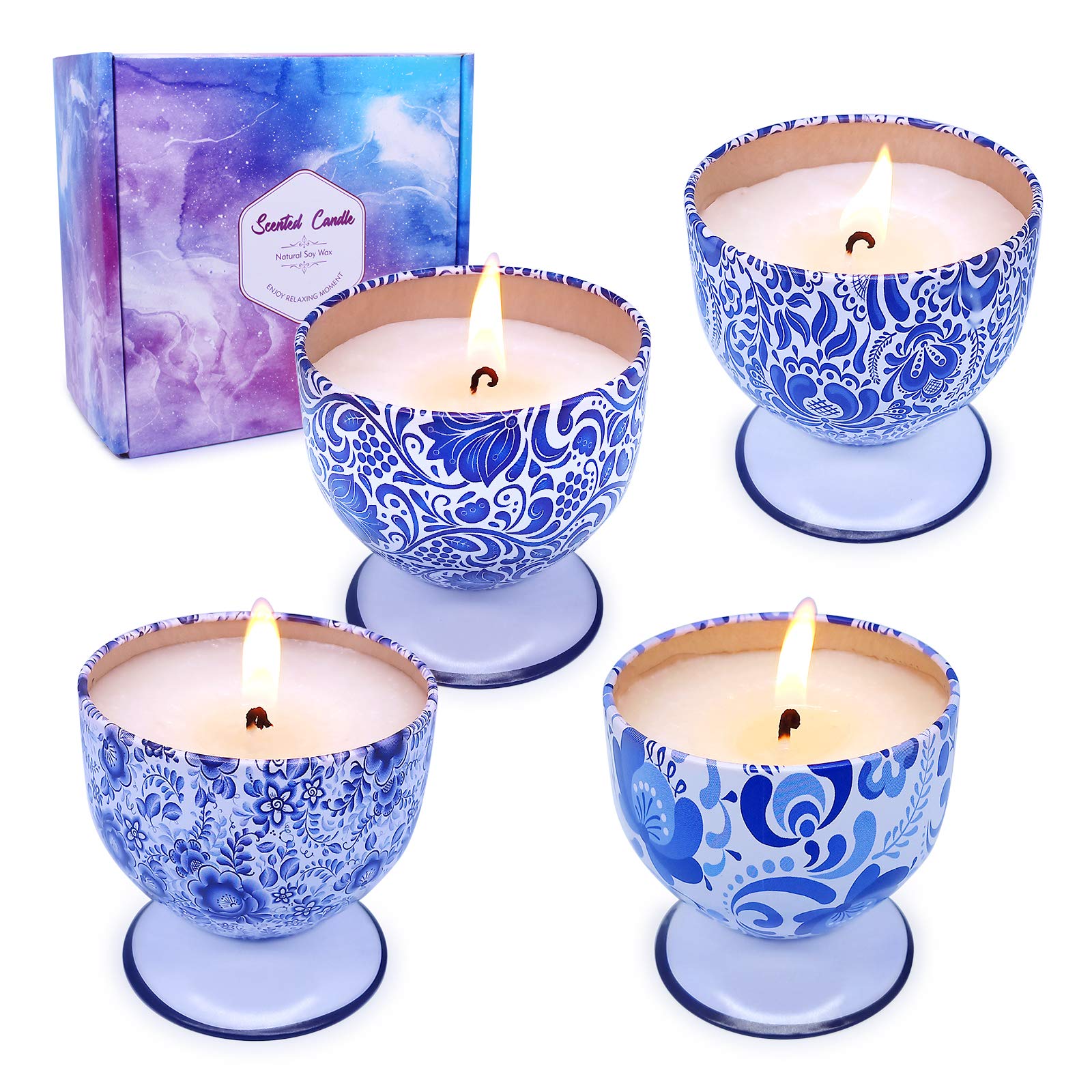 Scented Candles Gift Set for Mother's Day Christmas Birthday Thanksgiving Housewarming, 4 Pack of 4oz Soy Wax Aromatherapy Candles for Stress Relief Bath Yoga and Home Decoration- Chinoiserie Blue and White