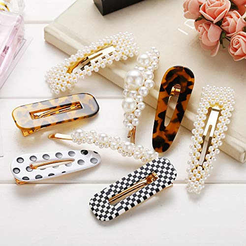 Large Pearl Hair Clips Resin Hairpins Pearl Hair Barrettes,Gold Acrylic Leopard Marble Geometric Hairpin, Tortoise Hair Clips for Women Girls-Pearl and Resin Clips Set 8 Pack