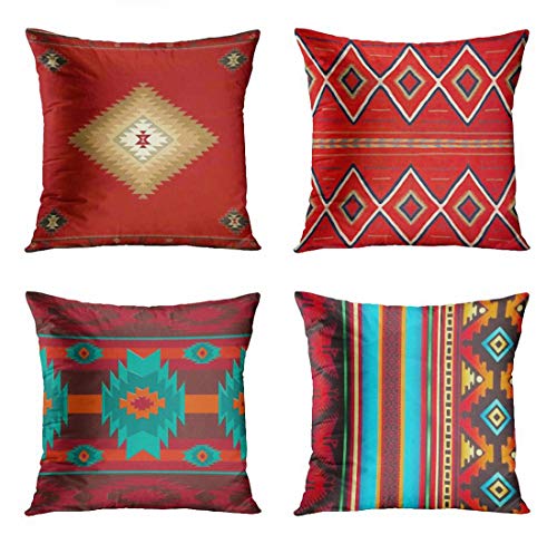Book Cover ArtSocket Set of 4 Throw Pillow Covers South Southwest Western Tribal Red Native Indian Home Cultural Geometric Hue Country Decorative Pillow Cases Home Decor Square 18x18 Inches Pillowcases