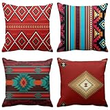 ArtSocket Set of 4 Throw Pillow Covers South Southwest Western Tribal Red Native American Home Cultural Geometric Hue Country Decorative Pillow Cases Home Decor Square 18x18 Inches Pillowcases