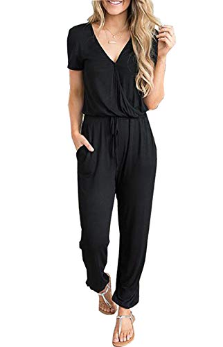 PRETTYGARDEN Women's Sexy Deep V Neck Short Sleeve Wrap Drawstring Waist Jumpsuit Romper with Pockets