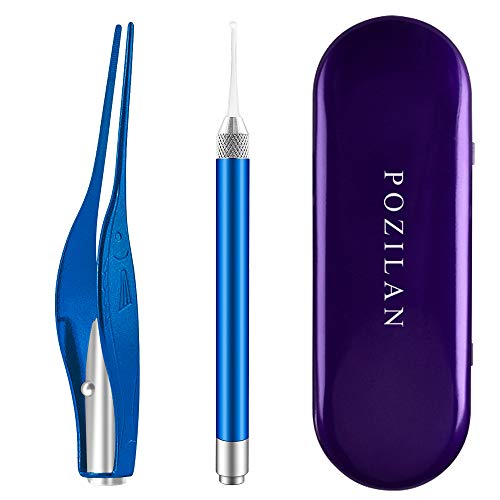 2 Pcs Ear Wax Removal Tool with Light - Ear Pick Cleaner Kit for Kids and Adults, Earwax Spoon Digger & Tweezers for Ear Health Care Gift Set with Case (Blue)