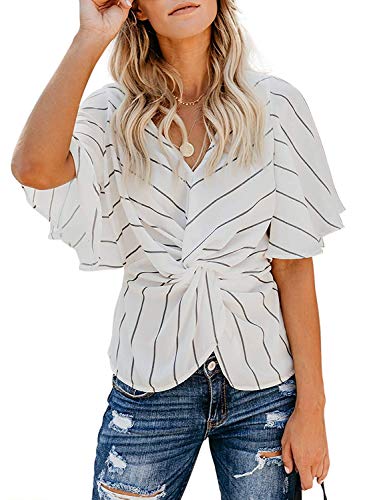 Eitie Women's Summer Floral Print Short Sleeve T Shirts V Neck Chiffon Twist Tops Loose Casual Blouse Shirts (Medium, B-White)