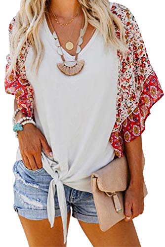 Asvivid Womens Boho Floral Printed V Neck Bell Short Sleeve Summer Shirt Loose Tops and Blouses