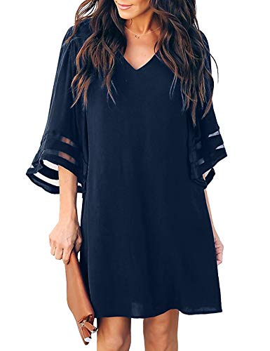 MIJIRUSHI Womens Bell Sleeve V Neck Mesh Patchwork Casual Loose Swing Chiffon Shift Mini Dress