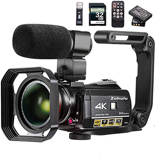 Video Camera 4K Camcorder ZOHULU WiFi Ultra HD Vlog Camera for YouTube, 3.1'' IPS Screen 30X Digital Zoom Night Vision Video Recorder with Microphone, Wide Lens, Lens Hood, 32GB SD Card, 2 Batteries