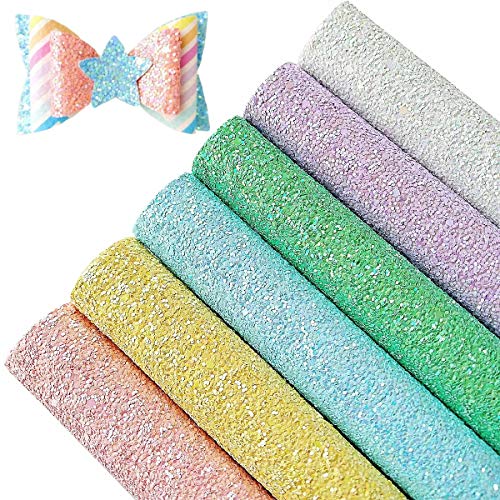 AOUXSEEM 6 pcs Pastel Chunky Glitter A4 Size Sequin Sheets for Bows Earrings,Gorgeous High Quality Faux Leather Synthetic Craft Fabric,Thick Canvas Back,21 cm x 30 cm (Pattern A,6 Colors)