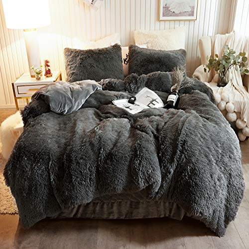 XeGe Plush Shaggy Duvet Cover Set Luxury Ultra Soft Crystal Velvet Bedding Sets 3 Piecesï¼ˆ1 Faux Fur Duvet Cover + 2 Faux Fur Pillowcasesï¼‰ï¼ŒZipper Closure ï¼ˆQueenï¼ŒDark Gray ï¼‰