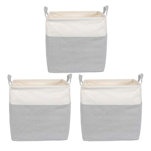 Inuan Storage Basket Bins Set 12.6" L x 12.6" W x 12.6" H Waterproof Cube Cotton Linen Collapsible Organizer Bin 3 Pack with Carry Handles for Home Office Closet